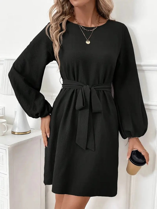 Black Long Sleeve Belted Dress