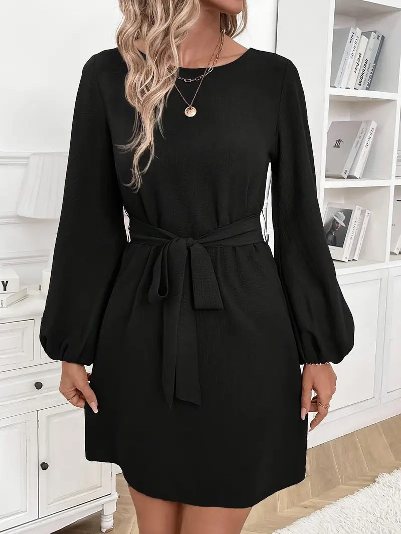 Black Long Sleeve Belted Dress
