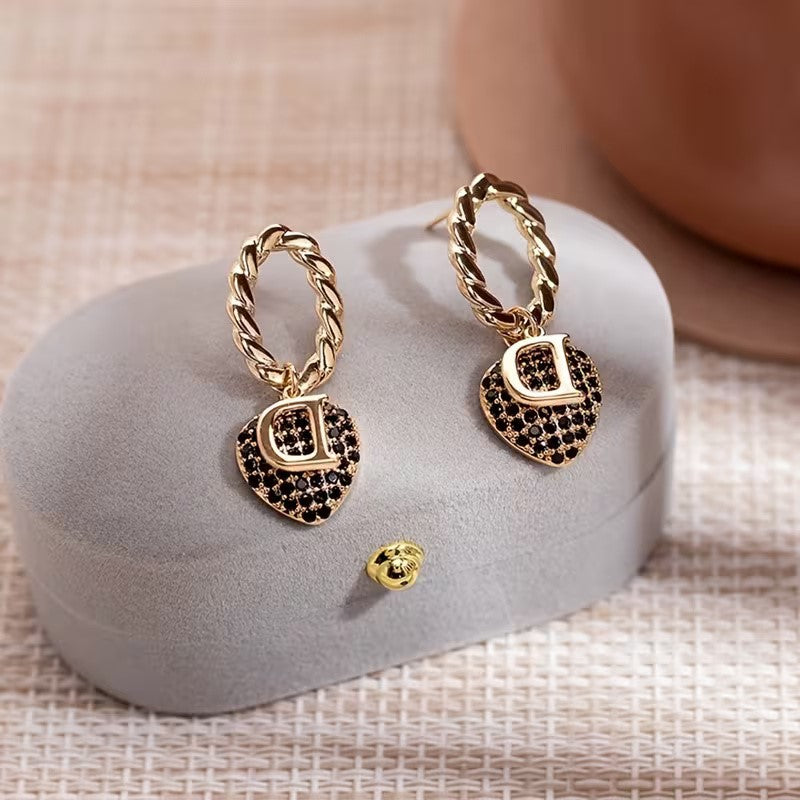Elegant D and Heart Drop Earrings