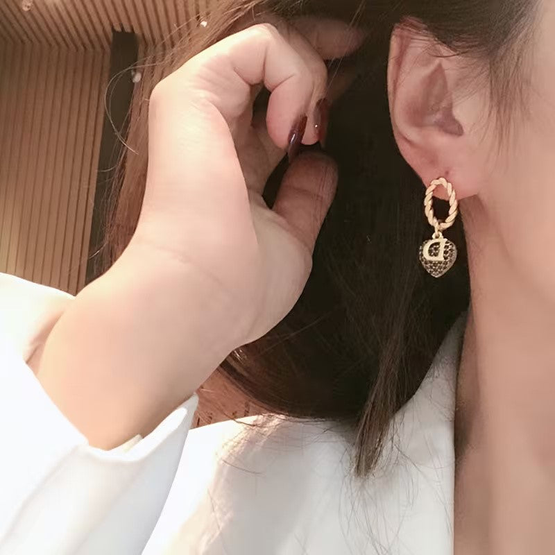 Elegant D and Heart Drop Earrings