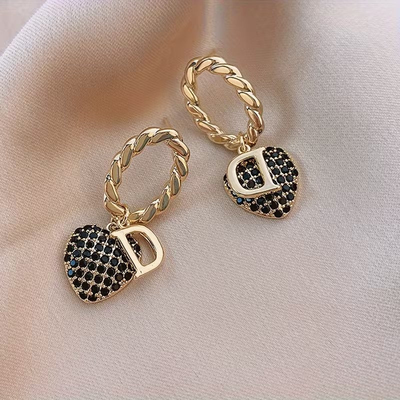 Elegant D and Heart Drop Earrings
