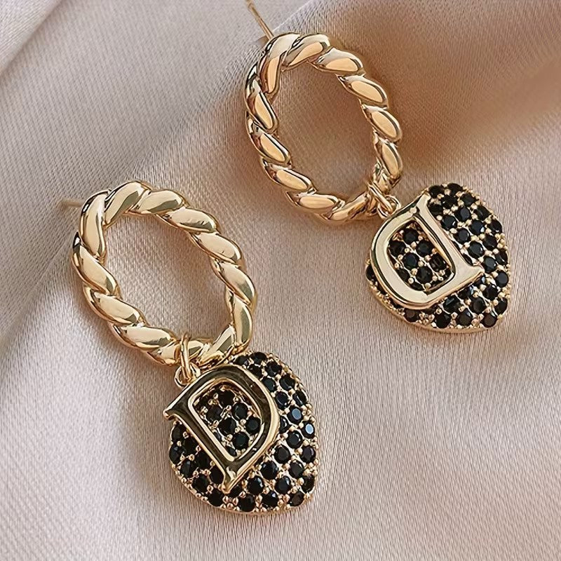 Elegant D and Heart Drop Earrings