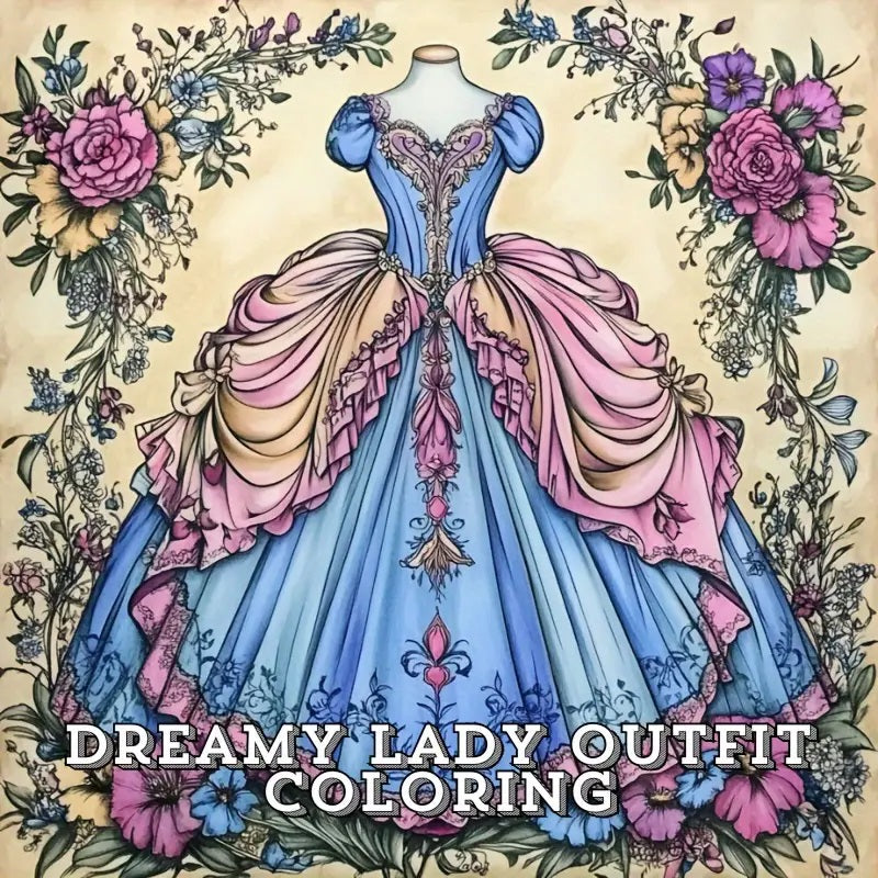 28-Page Adult Coloring Book featuring Dreamy Lady Outfit Designs.