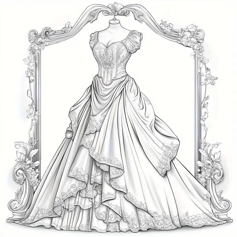 28-Page Adult Coloring Book featuring Dreamy Lady Outfit Designs.