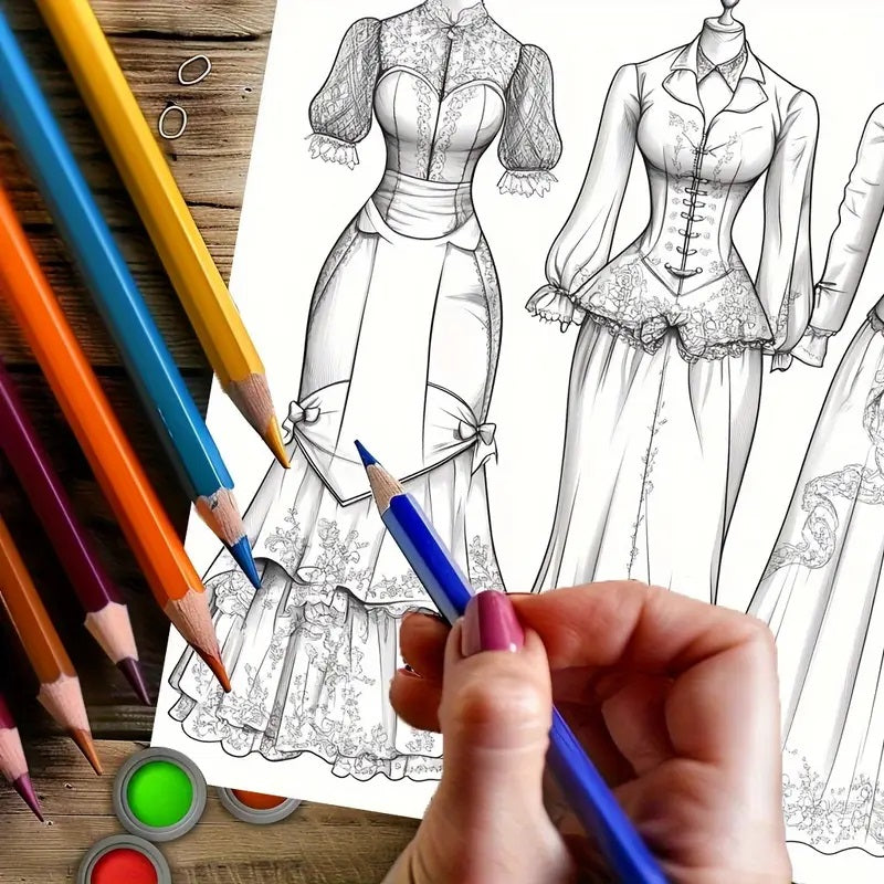28-Page Adult Coloring Book featuring Dreamy Lady Outfit Designs.