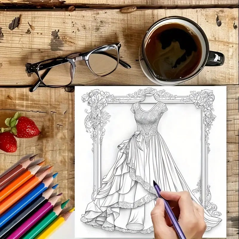 28-Page Adult Coloring Book featuring Dreamy Lady Outfit Designs.