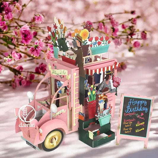 3D Pop-Up Pink Flower Cart Birthday Card,