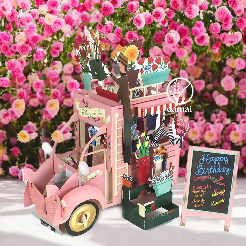 3D Pop-Up Pink Flower Cart Birthday Card,