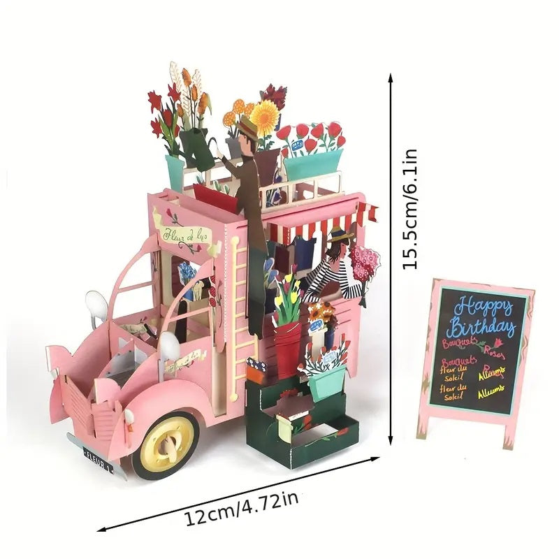 3D Pop-Up Pink Flower Cart Birthday Card,