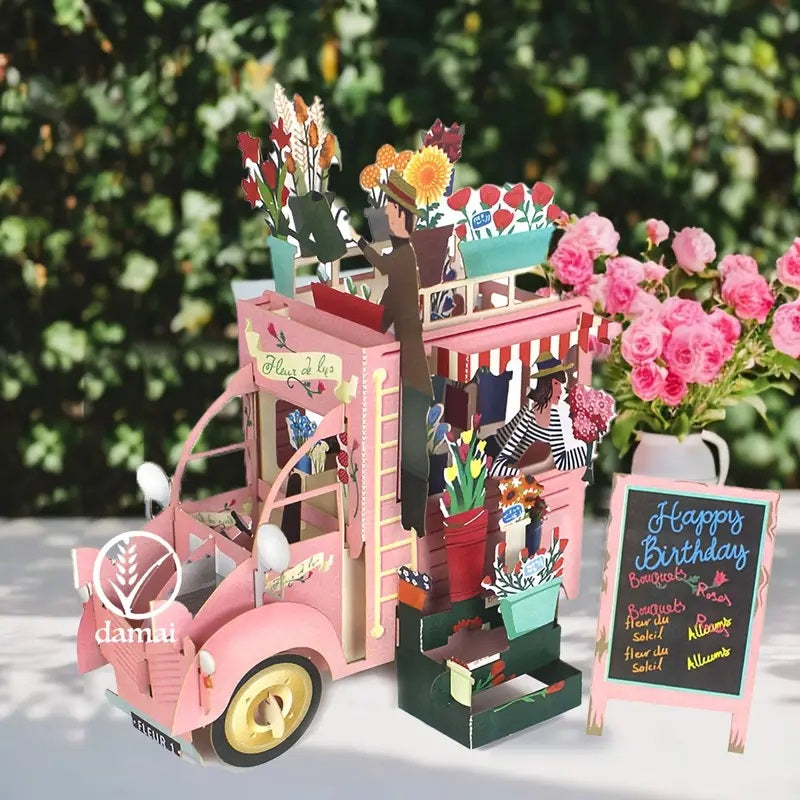 3D Pop-Up Pink Flower Cart Birthday Card,