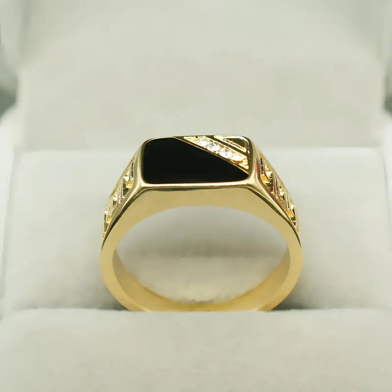 Mens 18K Gold Plated Ring with Black Onyx and Sparkling Accent