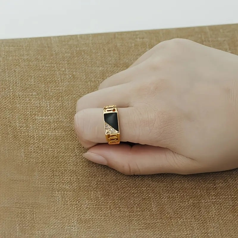 Mens 18K Gold Plated Ring with Black Onyx and Sparkling Accent