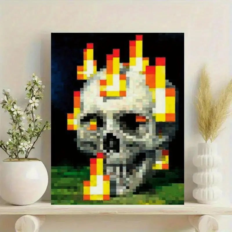 Vibrant Pixel Skull & Flames Canvas Poster.
