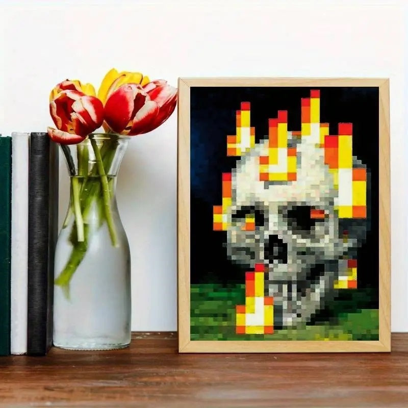 Vibrant Pixel Skull & Flames Canvas Poster.