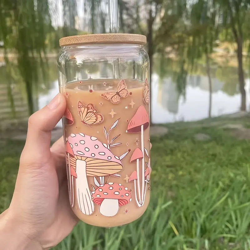 16.9oz Glass Tumbler featuring a Bamboo Lid and Straw.