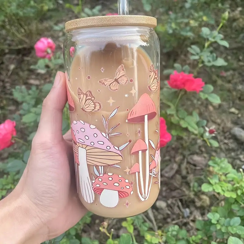 16.9oz Glass Tumbler featuring a Bamboo Lid and Straw.