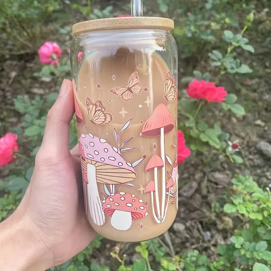 16.9oz Glass Tumbler featuring a Bamboo Lid and Straw.