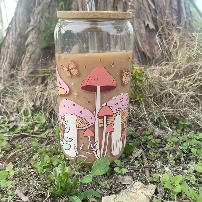 16.9oz Glass Tumbler featuring a Bamboo Lid and Straw.