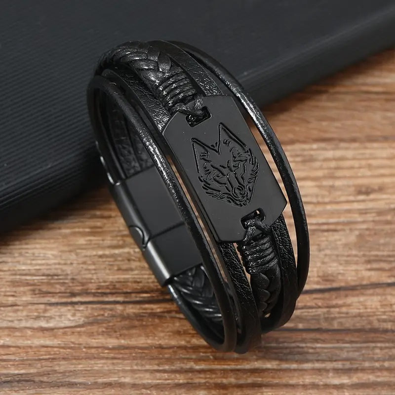 Men’s Classic Wolf Head Pattern PU Leather Bracelet