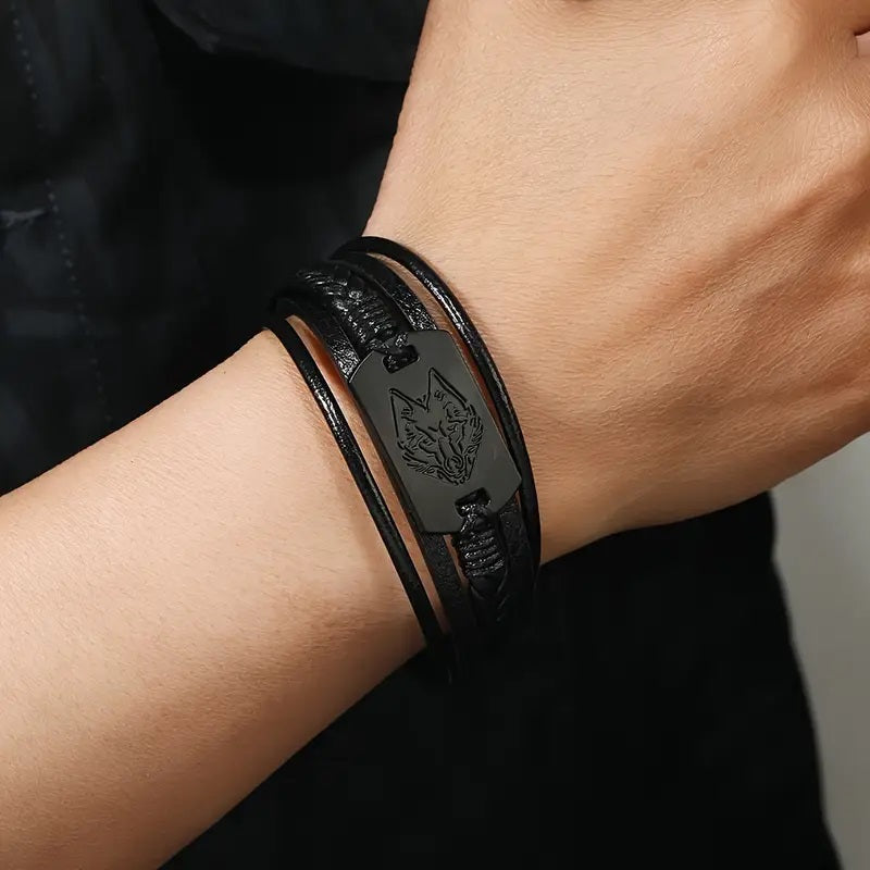 Men’s Classic Wolf Head Pattern PU Leather Bracelet