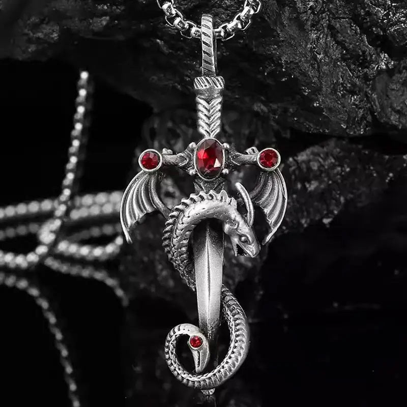 Stainless Steel Dragon Sword Pendant Necklace