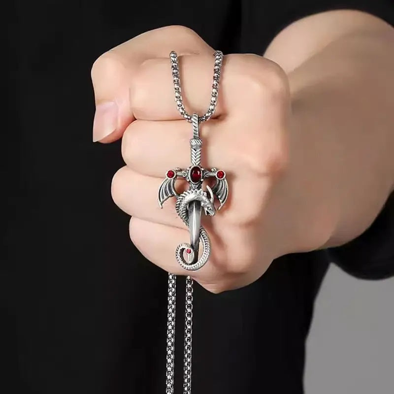Stainless Steel Dragon Sword Pendant Necklace