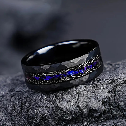 8mm Men's Stainless Steel Ring with Synthetic Blue Galaxy Opal and Hammered Meteorite Design.