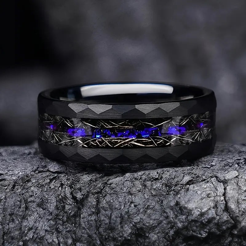 8mm Men's Stainless Steel Ring with Synthetic Blue Galaxy Opal and Hammered Meteorite Design.