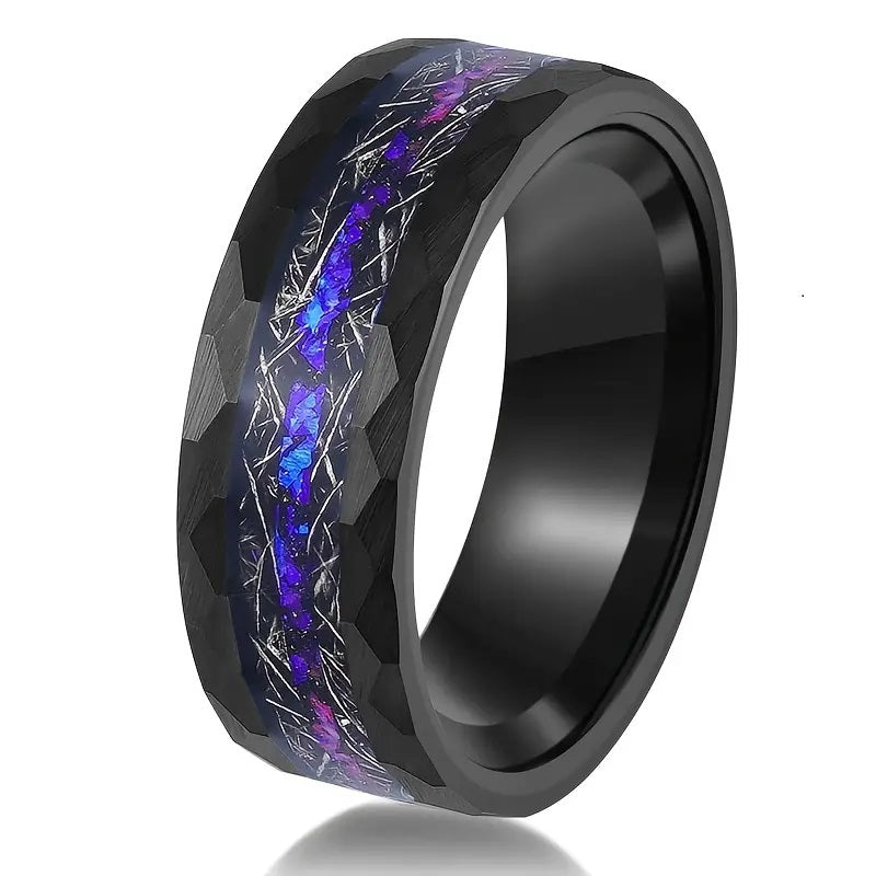 8mm Men's Stainless Steel Ring with Synthetic Blue Galaxy Opal and Hammered Meteorite Design.