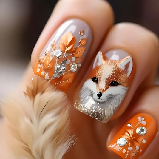 24pcs Glossy Brown Fox Orange Gradient Glitter Fake Nails with Rhinestones.
