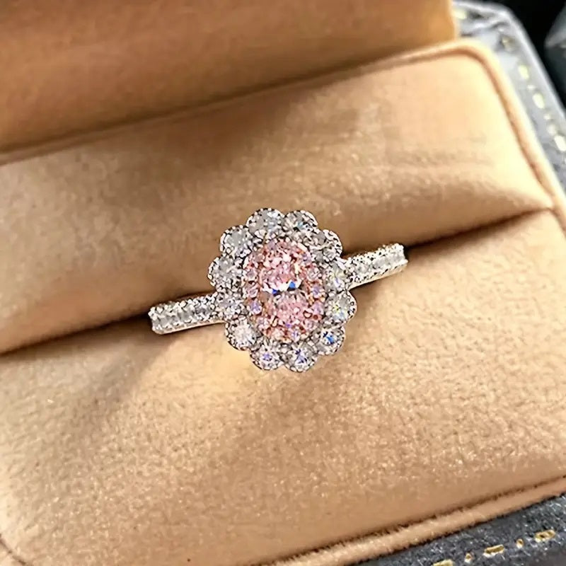 Sølvtone Elegant Ring med Glitrende Rosa Cubic Zirconia