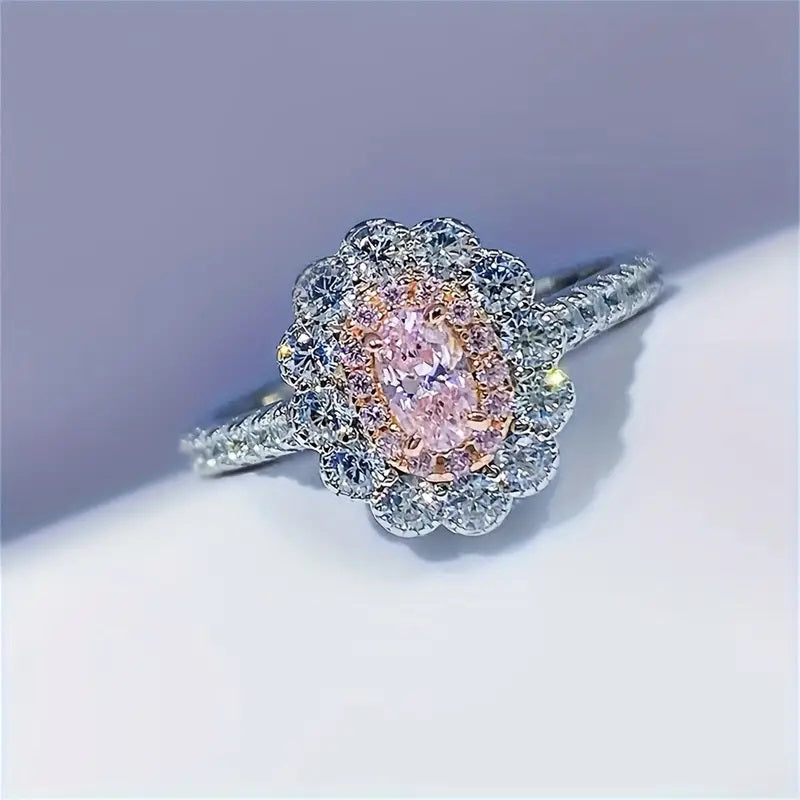 Sølvtone Elegant Ring med Glitrende Rosa Cubic Zirconia