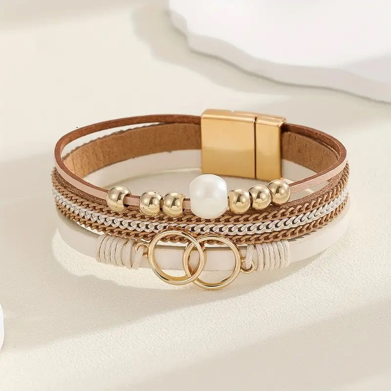 Vegansk Skinn og Imitert Perle Flertrådet Armbånd