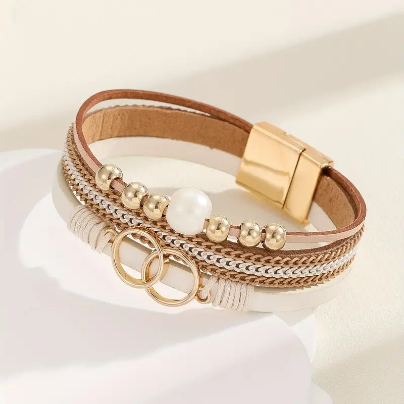 Vegansk Skinn og Imitert Perle Flertrådet Armbånd