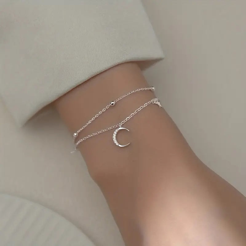Sølvbelagt Dobbeltlags Armbånd med Stjerne- og Måneanheng
