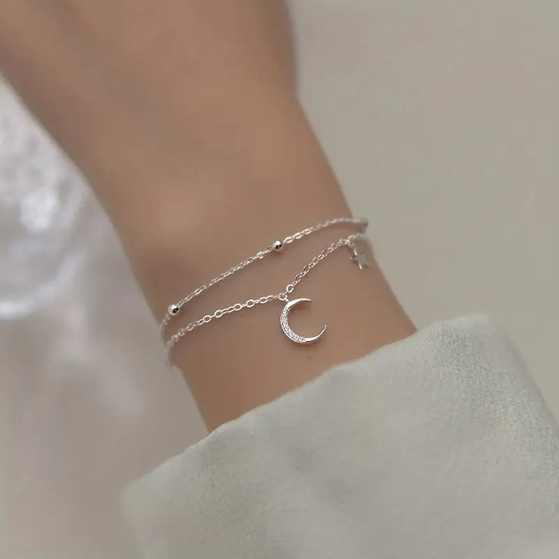 Sølvbelagt Dobbeltlags Armbånd med Stjerne- og Måneanheng