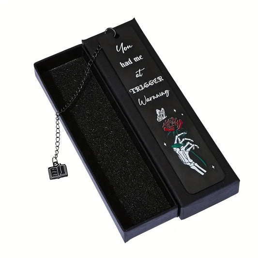 Trigger Warning Skull Theme Stainless Steel Bookmark