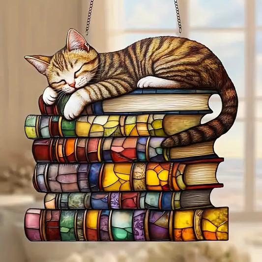 Charming Tabby Cat & Books Sun Catcher