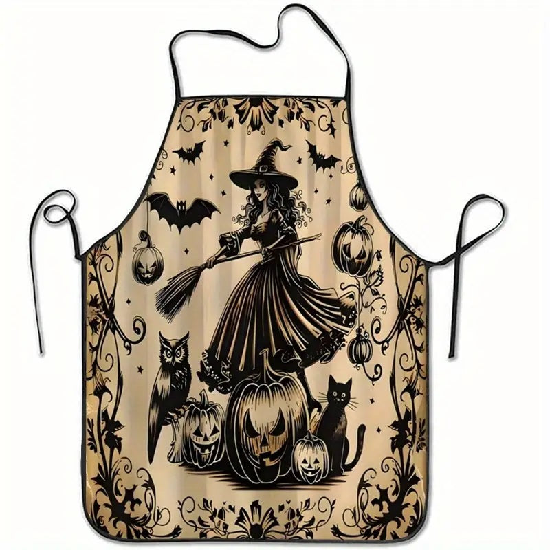 Witch, Broom & Pumpkins Halloween-Themed Polyester Apron