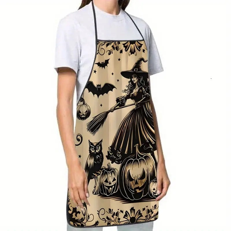 Witch, Broom & Pumpkins Halloween-Themed Polyester Apron