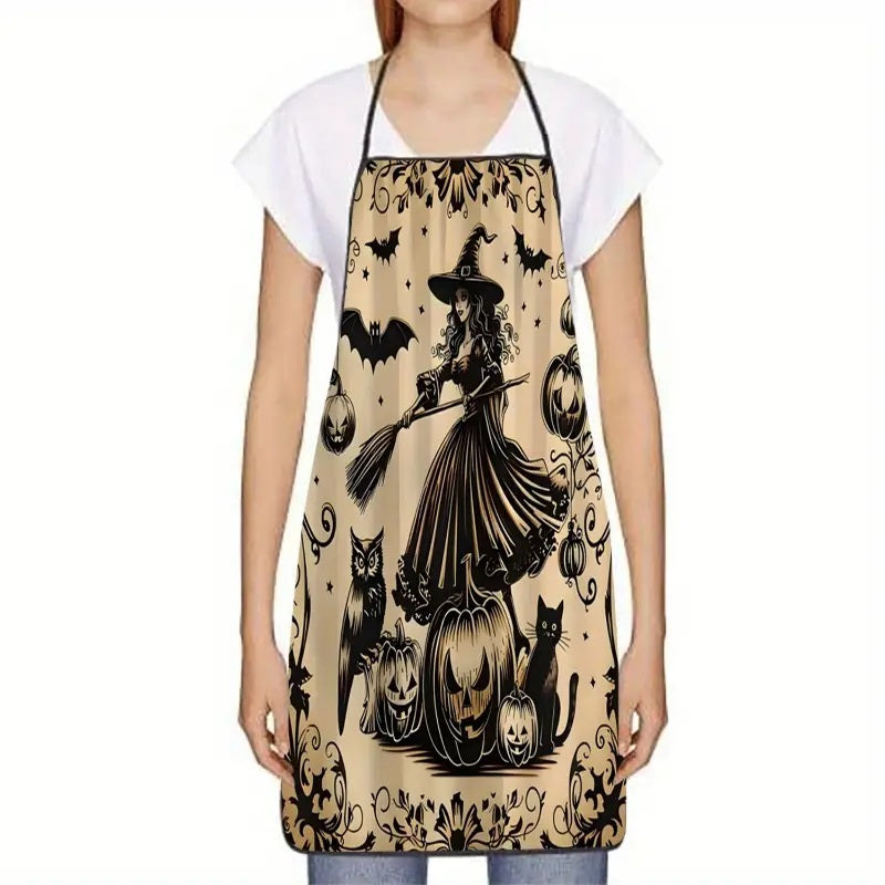 Witch, Broom & Pumpkins Halloween-Themed Polyester Apron